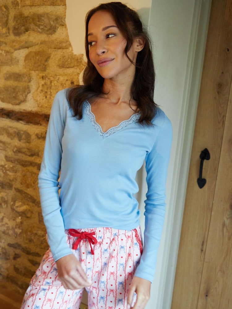 Threadbare Blue 100% Cotton Lace V-Neck Printed Pyjamas Set - Image 5 of 5