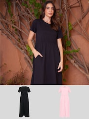 Threadbare Black 100% Cotton Jersey Midi Smock Dresses 2 Pack with Pockets - Image 1 of 6