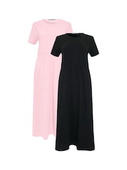 Threadbare Black 100% Cotton Jersey Midi Smock Dresses 2 Pack with Pockets - Image 6 of 6