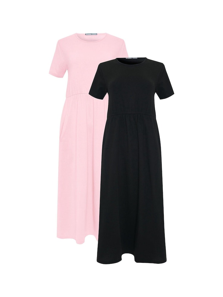 Threadbare Black 100% Cotton Jersey Midi Smock Dresses 2 Pack with Pockets - Image 6 of 6