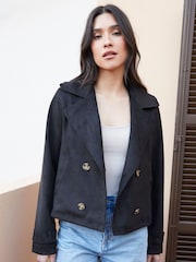 Threadbare Black Suedette Cropped Trench Jacket - Image 1 of 4