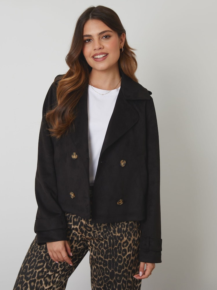 Threadbare Black Suedette Cropped Trench Jacket - Image 1 of 4 Threadbare Black Suedette Cropped Trench Jacket - Image 1 of 4