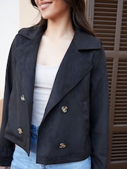 Threadbare Black Suedette Cropped Trench Jacket - Image 3 of 4