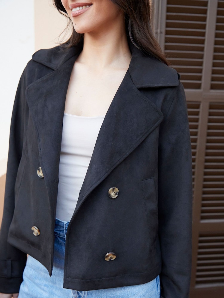 Threadbare Black Suedette Cropped Trench Jacket - Image 3 of 4