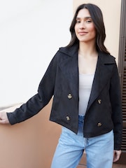 Threadbare Black Suedette Cropped Trench Jacket - Image 4 of 4