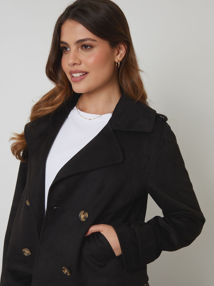 Threadbare Black Suedette Cropped Trench Jacket - Image 4 of 4 Threadbare Black Suedette Cropped Trench Jacket - Image 4 of 4