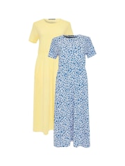 Threadbare Blue 100% Cotton Jersey Midi Smock Dresses 2 Pack with Pockets - Image 1 of 6
