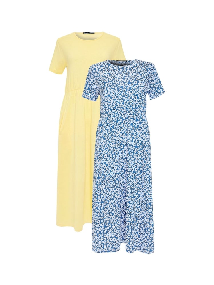 Threadbare Blue 100% Cotton Jersey Midi Smock Dresses 2 Pack with Pockets - Image 6 of 6