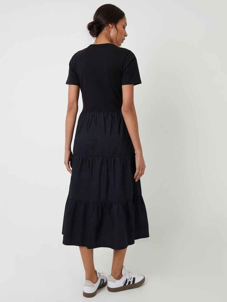 Threadbare Black 100% Cotton Tiered Jersey Poplin Mix Maxi Dress - Image 2 of 5