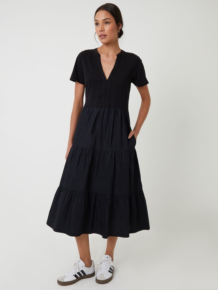 Threadbare Black 100% Cotton Tiered Jersey Poplin Mix Maxi Dress - Image 3 of 5
