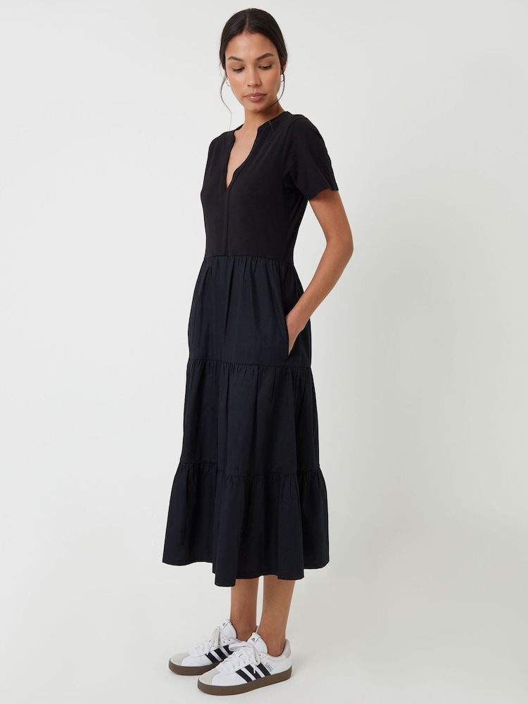 Threadbare Black 100% Cotton Tiered Jersey Poplin Mix Maxi Dress - Image 4 of 5