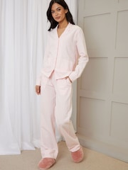 Threadbare Pink 100% Cotton Striped Long Button Through Pyjamas Set - Image 3 of 5
