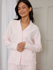 Threadbare Pink 100% Cotton Striped Long Button Through Pyjamas Set - Image 4 of 5