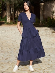 Threadbare Blue 100% Cotton Tiered Jersey Poplin Mix Maxi Dress - Image 1 of 4