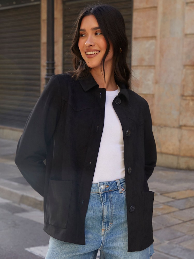 Threadbare Black Yoke Detail Suedette Shacket - Image 1 of 5