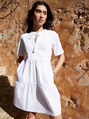 Threadbare White 100% Cotton Tiered Jersey Poplin Mix Mini Dress - Image 1 of 6