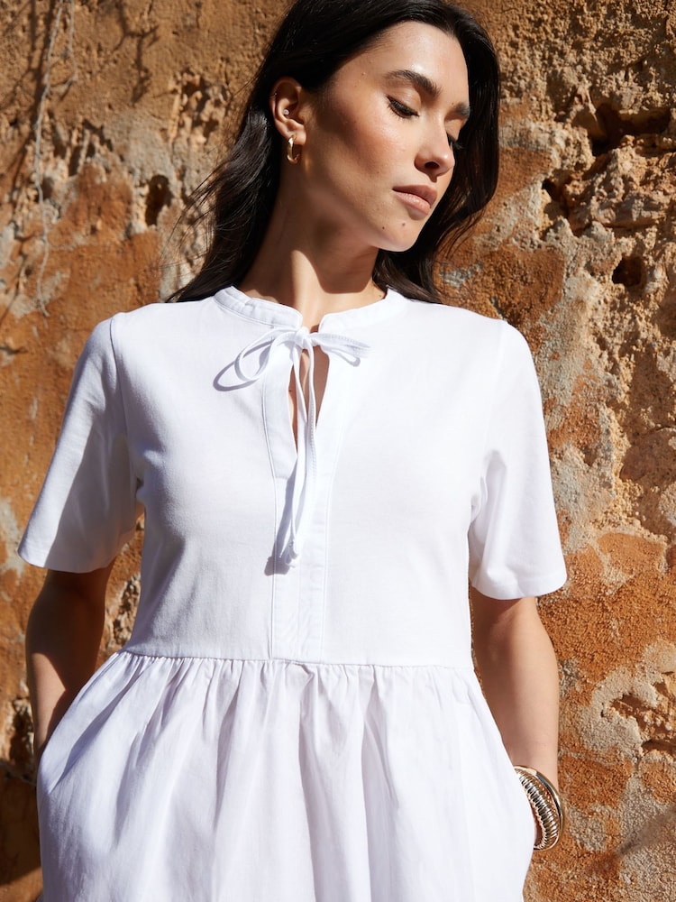 Threadbare White 100% Cotton Tiered Jersey Poplin Mix Mini Dress - Image 2 of 6