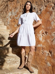 Threadbare White 100% Cotton Tiered Jersey Poplin Mix Mini Dress - Image 3 of 6