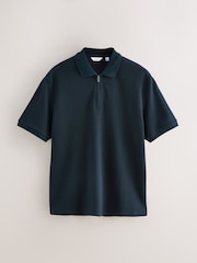 Navy Blue Textured Smart Zip Neck Polo Shirt - Image 1 of 3