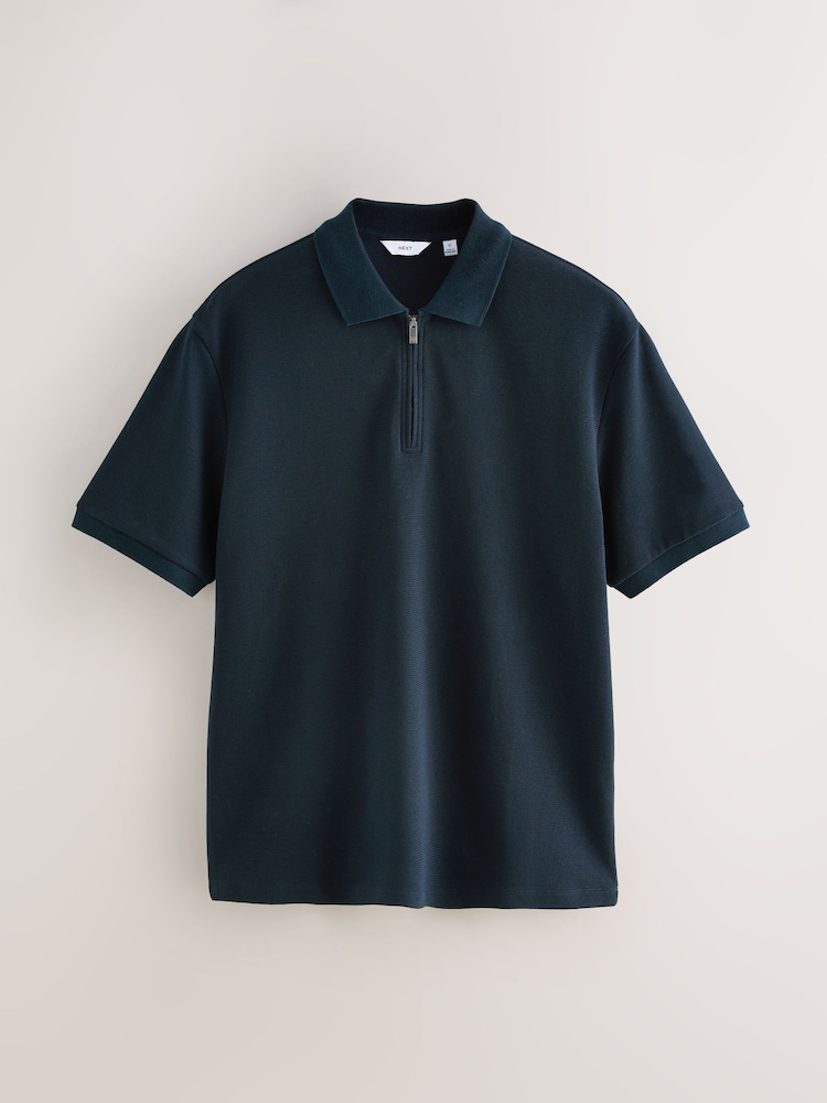 Navy Blue Textured Smart Zip Neck Polo Shirt - Image 1 of 3