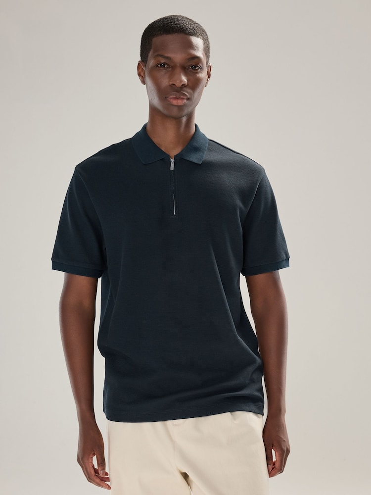 Navy Blue Textured Smart Zip Neck Polo Shirt - Image 1 of 7 Navy Blue Textured Smart Zip Neck Polo Shirt - Image 1 of 7