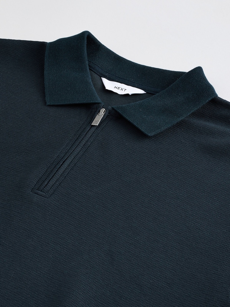 Navy Blue Textured Smart Zip Neck Polo Shirt - Image 3 of 3