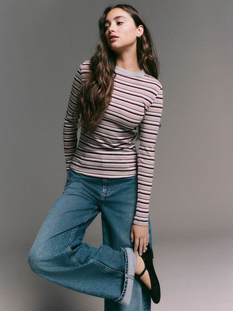 Grey Marl Multicolour Stripe Long Sleeve Crew Neck T-Shirt - Image 1 of 8