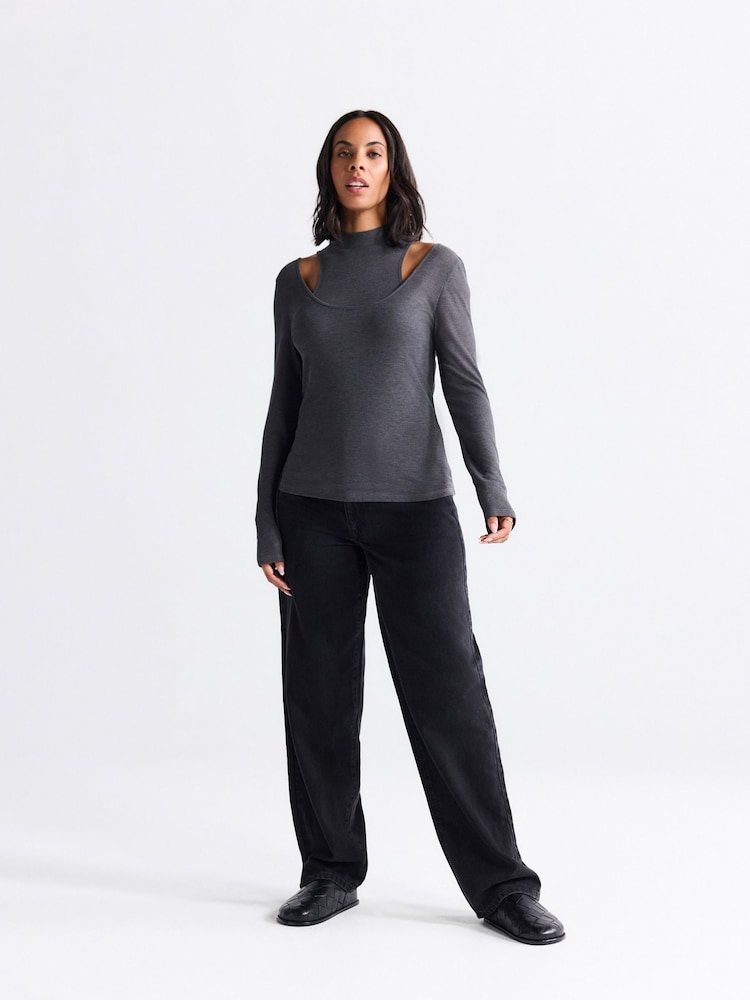Grey Layered Semi Sheer High Neck Ribbed Long Sleeve Top - Image 2 of 7