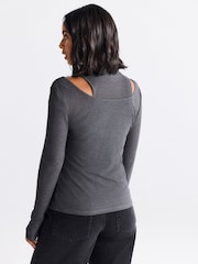 Grey Layered Semi Sheer High Neck Ribbed Long Sleeve Top - Image 3 of 7