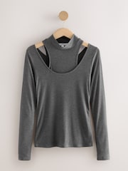 Grey Layered Semi Sheer High Neck Ribbed Long Sleeve Top - Image 5 of 7