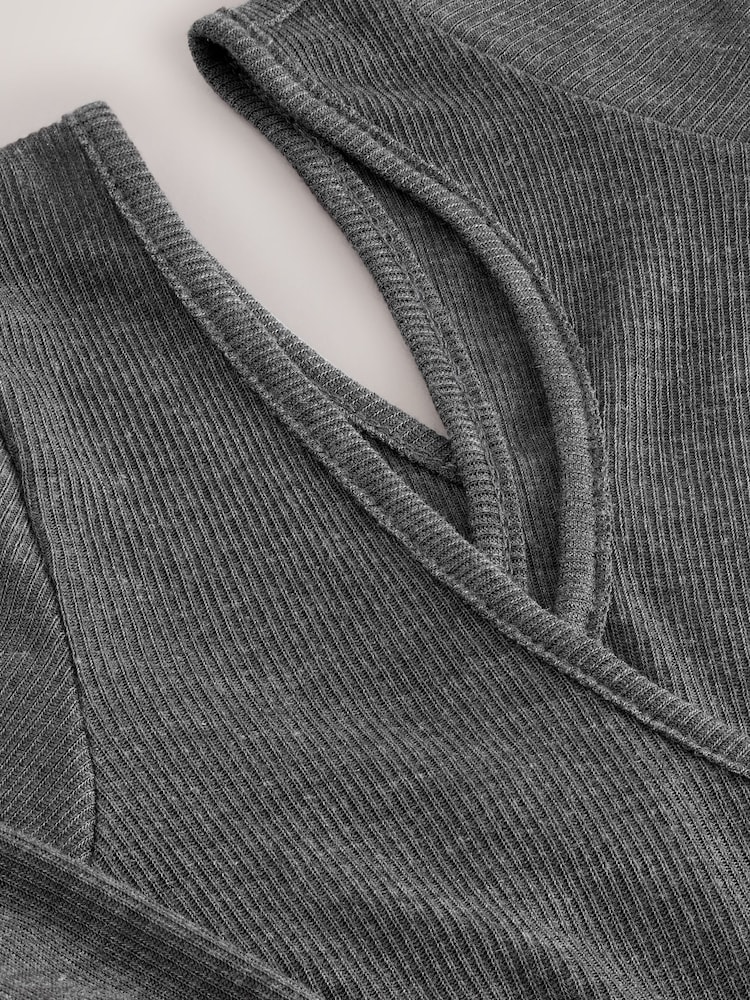 Grey Layered Semi Sheer High Neck Ribbed Long Sleeve Top - Image 7 of 7