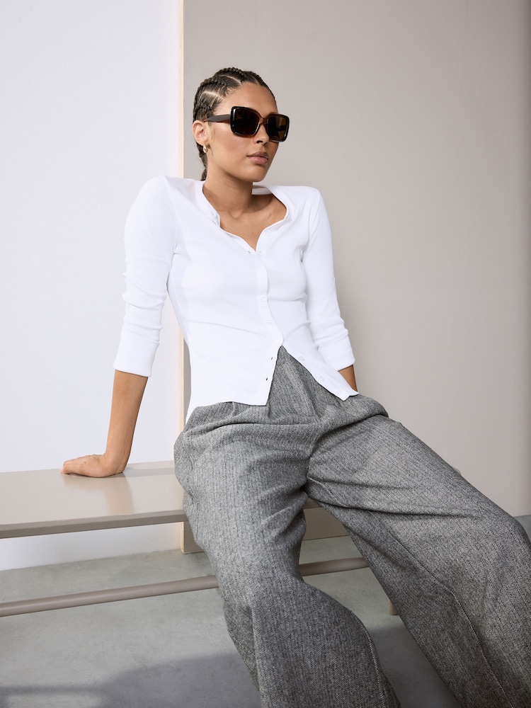 White Henley Button Through Long Sleeve Ribbed T-Shirt - Image 1 of 5 White Henley Button Through Long Sleeve Ribbed T-Shirt - Image 1 of 5