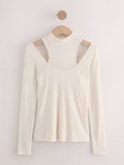 Ecru White Layered Semi Sheer High Neck Ribbed Long Sleeve Top - Image 1 of 3