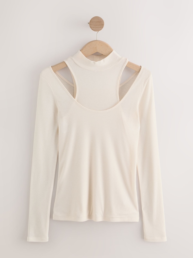 Ecru White Layered Semi Sheer High Neck Ribbed Long Sleeve Top - Image 1 of 3
