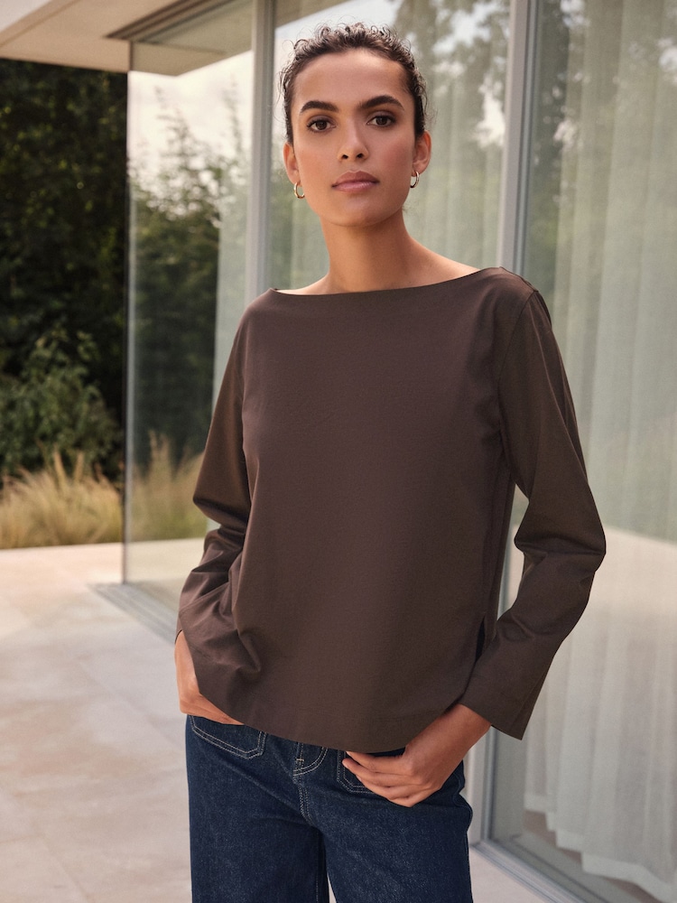 Chocolate Brown Long Sleeve N.Premium Crew Neck Supima T-Shirt - Image 1 of 4