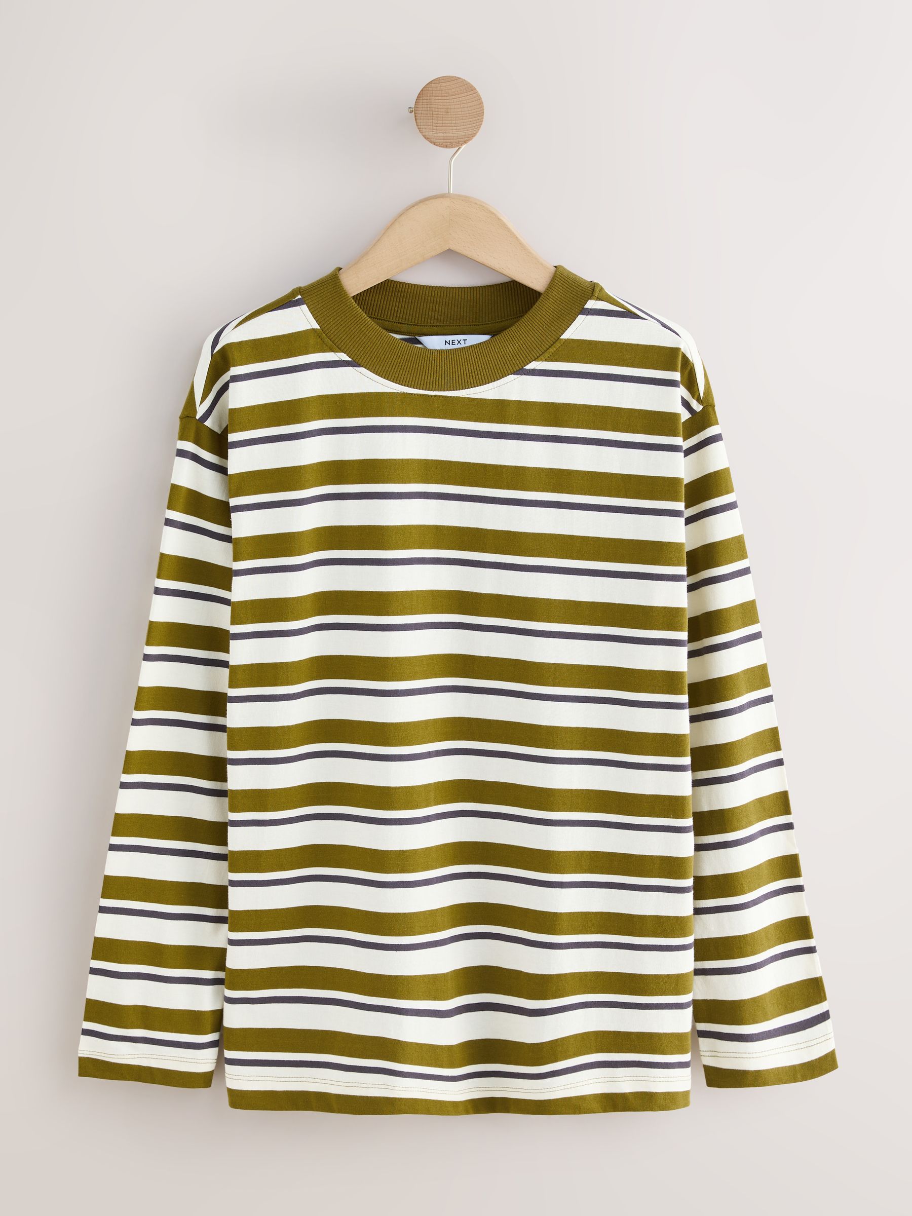 Buy Khaki Green Stripe Stripe Long Sleeve Crewneck T-Shirt from