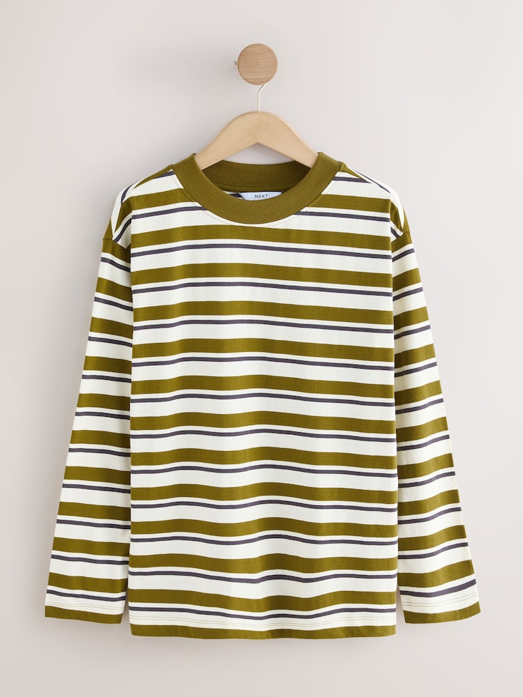 Khaki/Green/White Stripe Long Sleeve Crewneck T-Shirt - Image 1 of 3