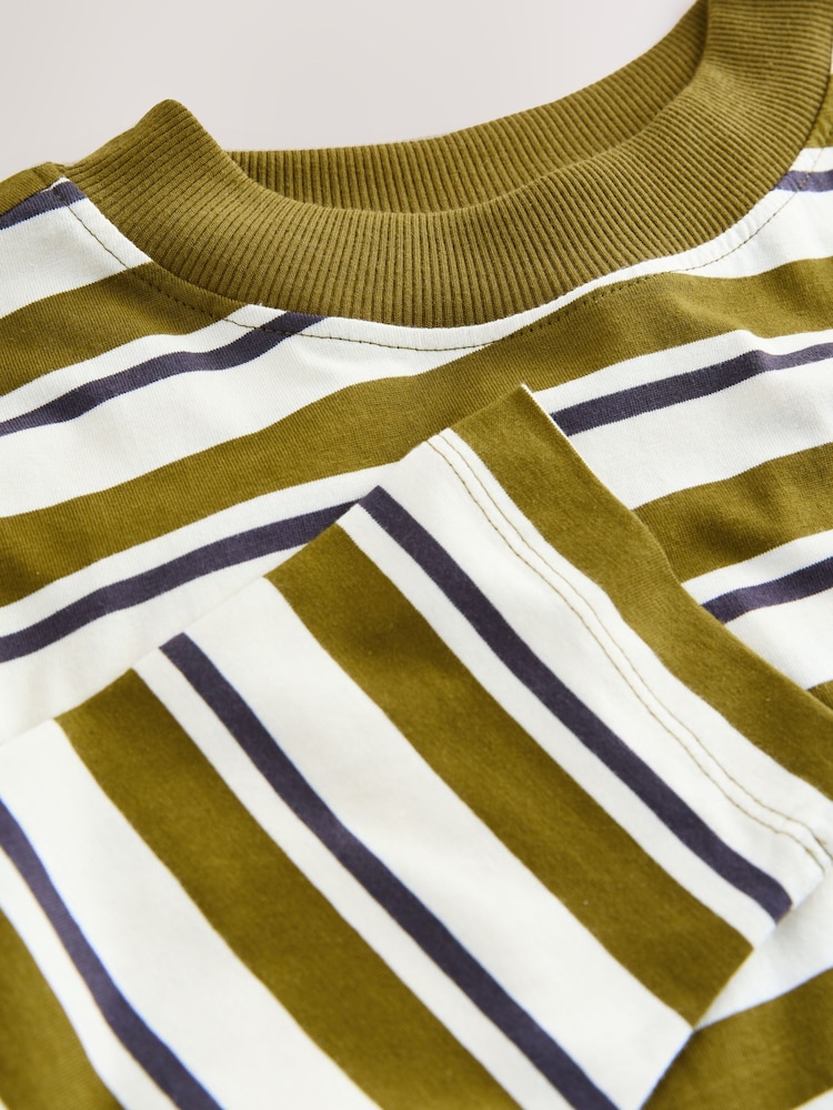 Khaki/Green/White Stripe Long Sleeve Crewneck T-Shirt - Image 3 of 3