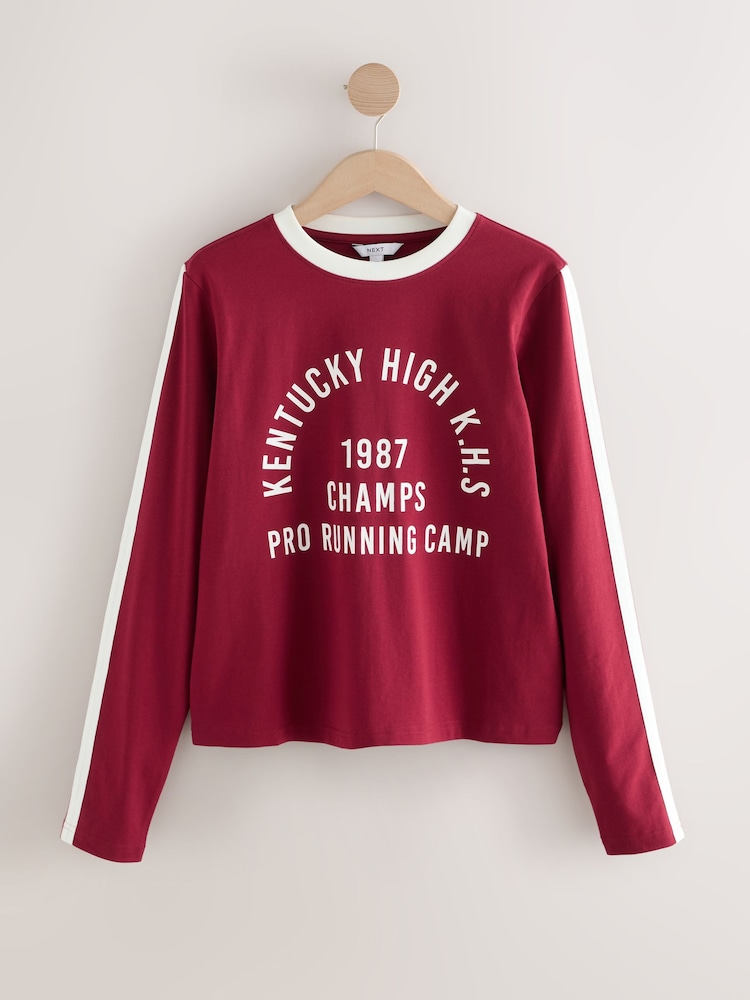 Vermelho/Branco - Long Sleeve Crew Neck Graphic Slogan T-Shirt - Imagem 1 de 3