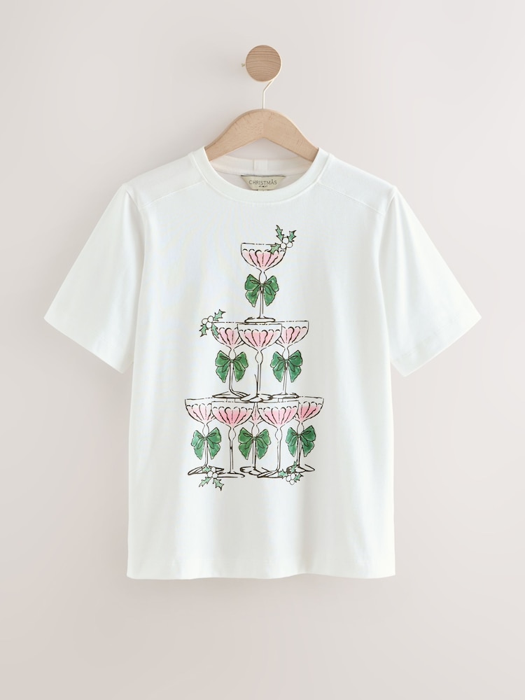 Ecru Festive Champagne Tower Illustrated Heavyweight T-Shirt - Image 1 of 3