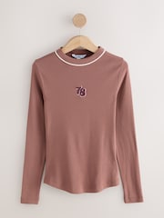 Mocha Brown - Crew Neck Embroidered Long Sleeve Top - Imagem 1 de 3