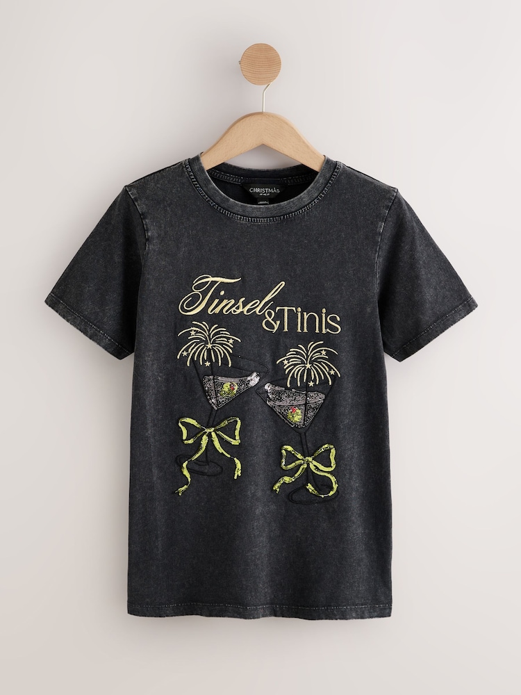 Charcoal Grey Tinsel Tinis Embroidered Graphic Print Crew Neck T-Shirt - Image 1 of 3