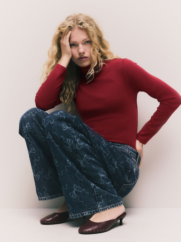 Cherry Red Mock Neck Long Sleeve Top - Image 1 of 8