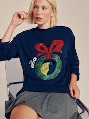 Navy The Grinch Chistmas Sequin Licence Graphic Long Sleeve T-Shirt - Image 1 of 9