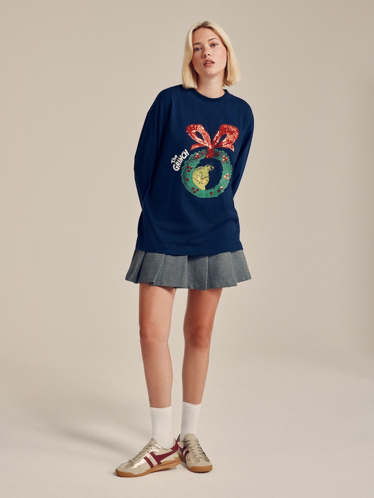 Navy The Grinch Chistmas Sequin Licence Graphic Long Sleeve T-Shirt - Image 2 of 9