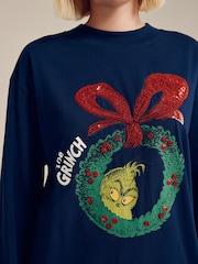 Navy The Grinch Chistmas Sequin Licence Graphic Long Sleeve T-Shirt - Image 5 of 9