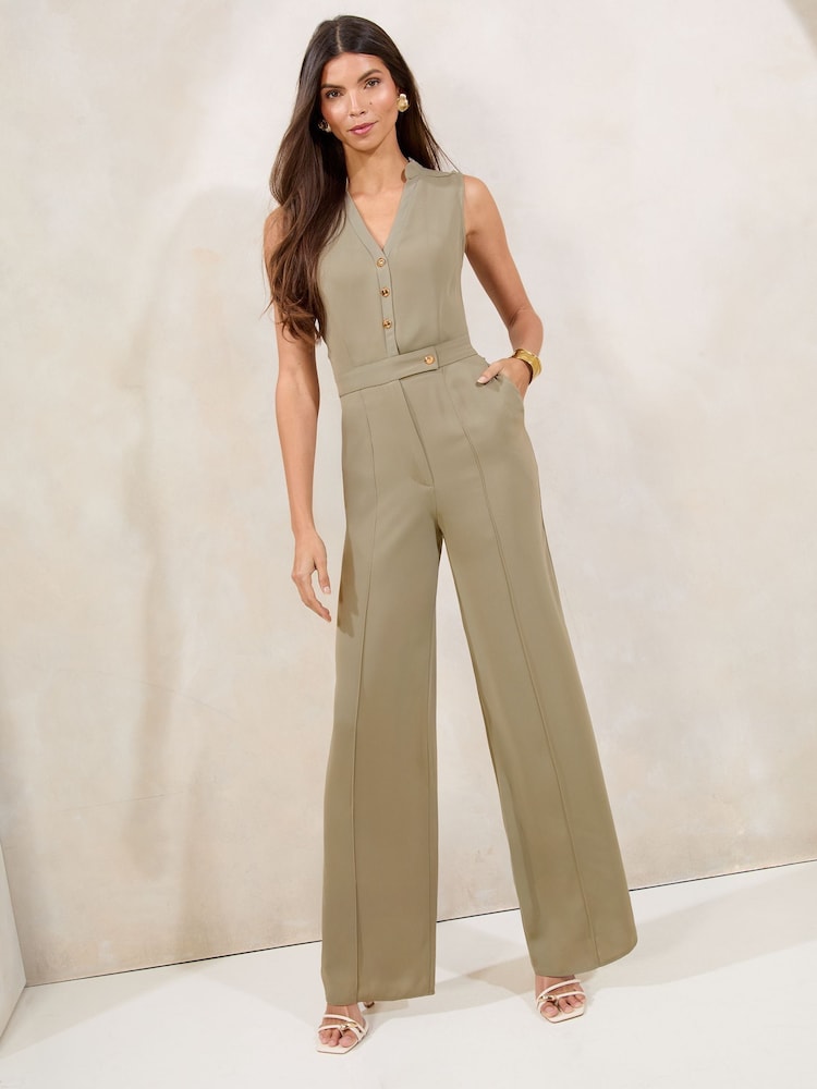 Lipsy Khaki Green Sleeveless V-Neck Utility Jumpsuit - Image 1 of 4