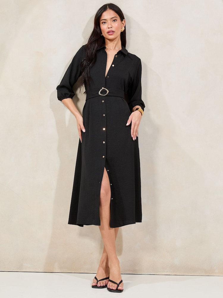 Черный - Lipsy 3/4 Sleeve Button Through Midi Shirt Dress - Изображение 1 из 4