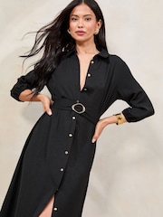 Черный - Lipsy 3/4 Sleeve Button Through Midi Shirt Dress - Изображение 2 из 4