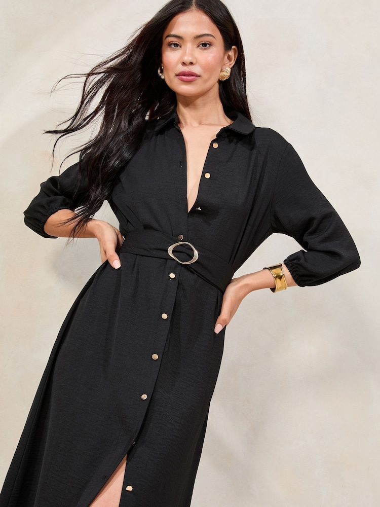Черный - Lipsy 3/4 Sleeve Button Through Midi Shirt Dress - Изображение 2 из 4